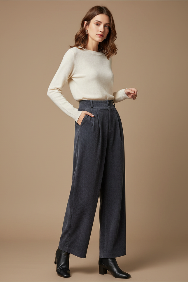 Pantalon Droit Velours Cotelé Femme - Gris Cordé