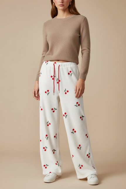 Pantalon Velours Blanc Cerises Ample Doux Femme
