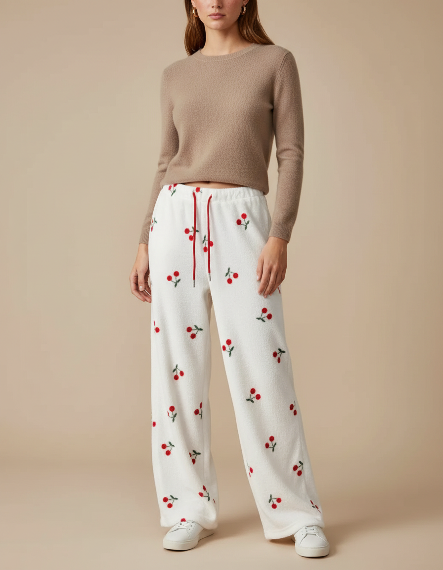 Pantalon Velours Blanc Cerises Ample Doux Femme
