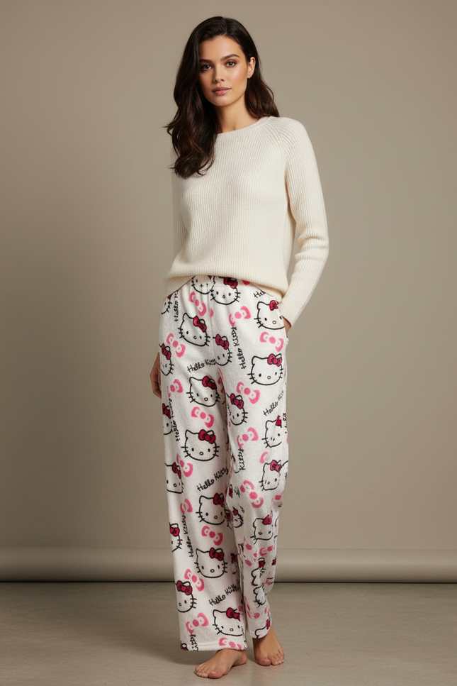 Pantalon Velours Blanc Hello Kitty Ample Doux Femme
