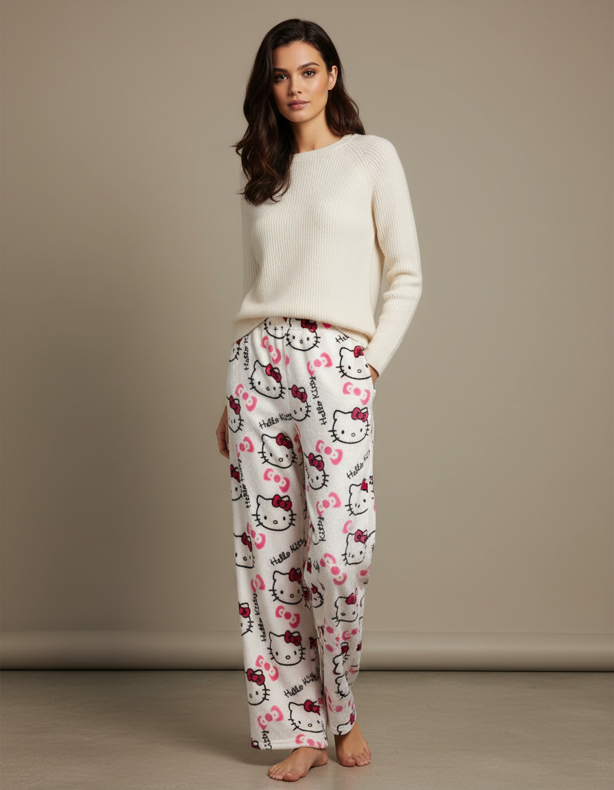 Pantalon Velours Blanc Hello Kitty Ample Doux Femme