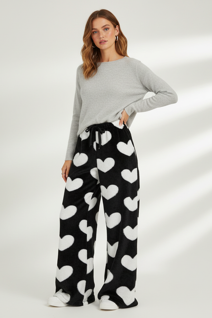 Pantalon Velours Noir Cœurs Blancs Ample Doux Femme - Imprimé