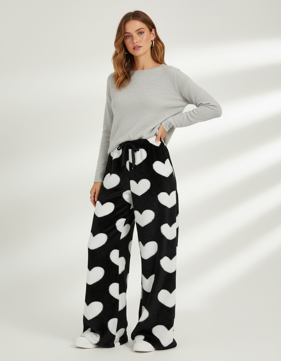 Pantalon Velours Noir Cœurs Blancs Ample Doux Femme - Imprimé