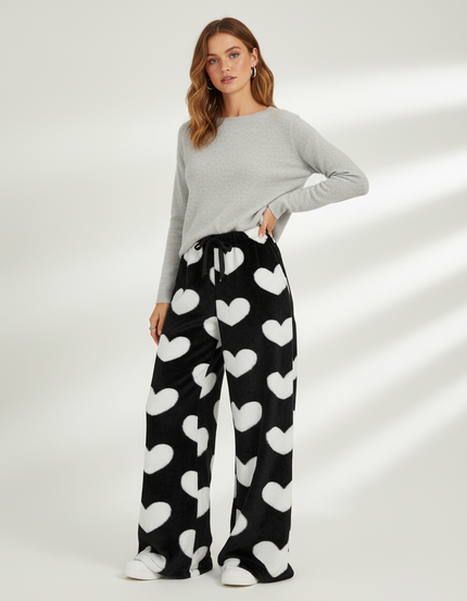 Pantalon Velours Noir Cœurs Blancs Ample Doux Femme - Imprimé