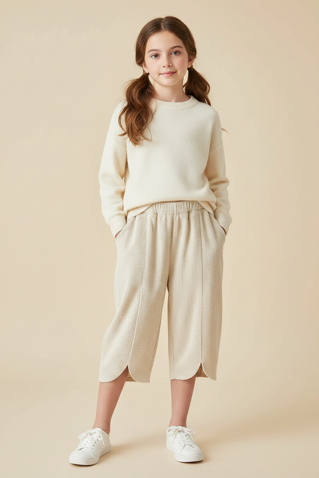 Pantalon Velours Beige Côtelé Ample Décontracté Fille - Cordé