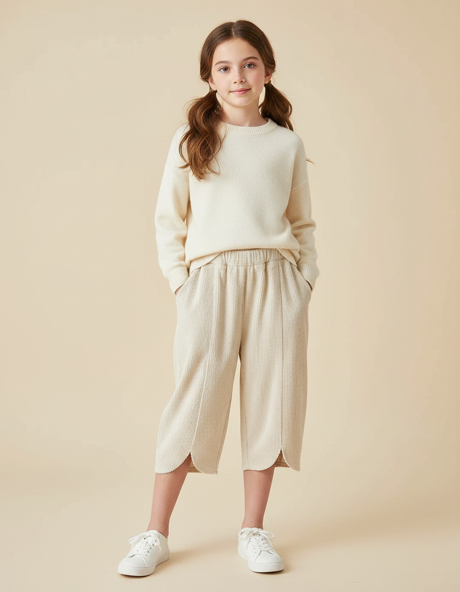 Pantalon Velours Beige Côtelé Ample Décontracté Fille - Cordé