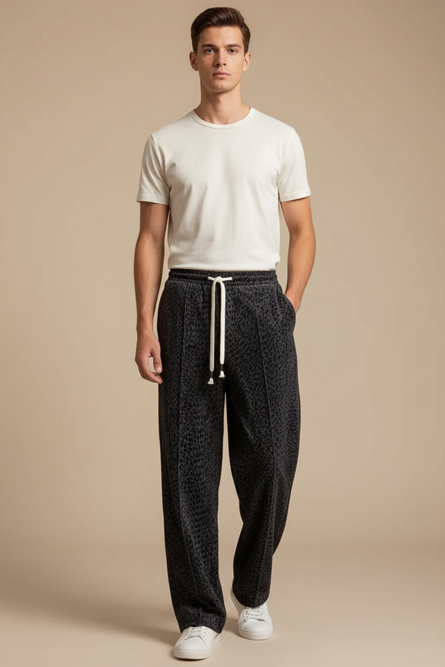 Pantalon Velours Léopard Gris Ample Décontracté Homme