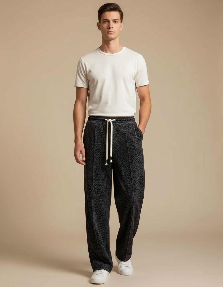 Pantalon Velours Léopard Gris Ample Décontracté Homme