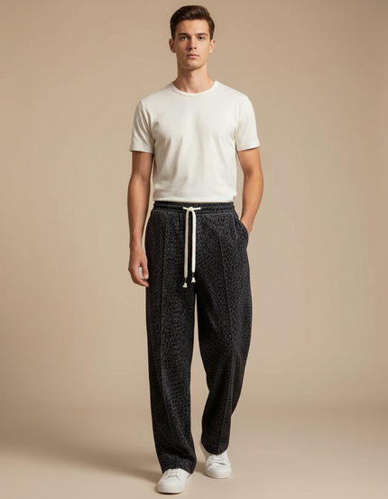 Pantalon Velours Léopard Gris Ample Décontracté Homme