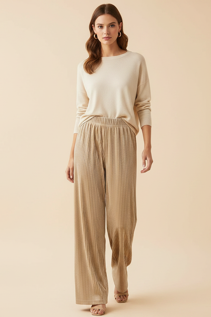 Pantalon Velours Beige Côtelé Ample Fluide Femme