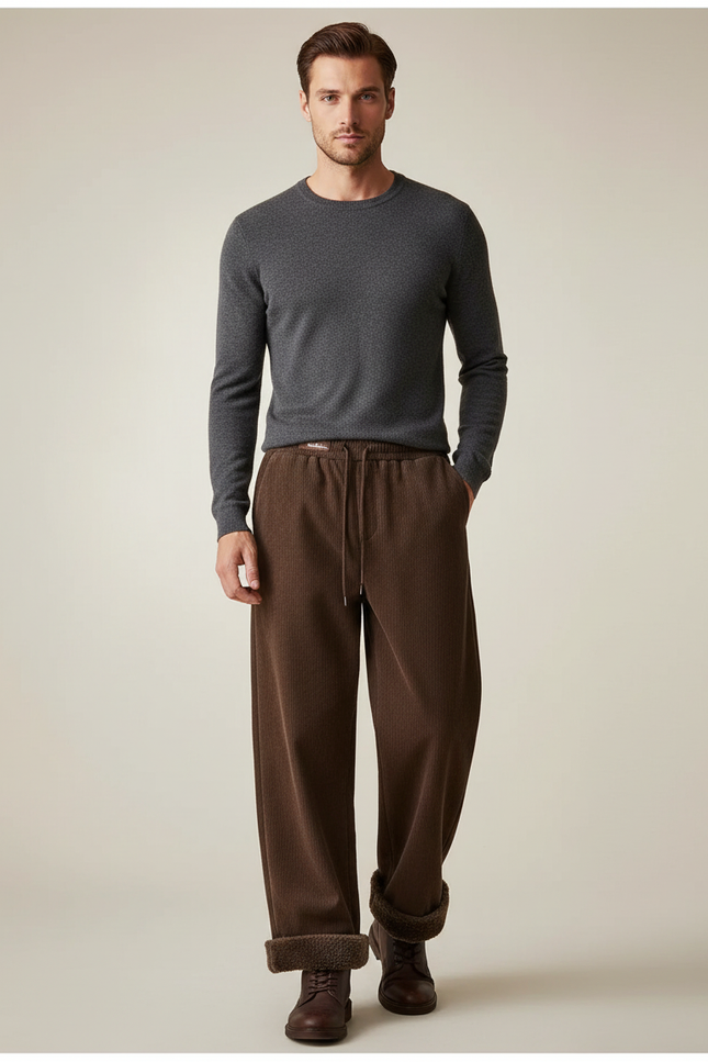 Pantalon Velours Côtelé Marron Large Doublé Homme - Cordé
