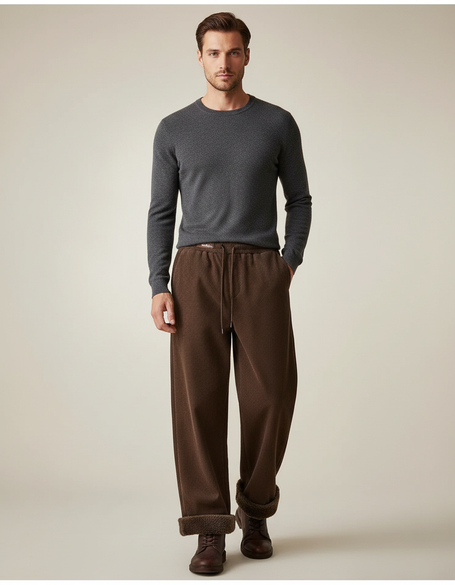 Pantalon Velours Côtelé Marron Large Doublé Homme - Cordé