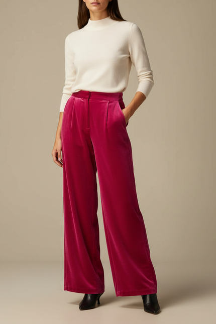 Pantalon Velours Fuschia Ample Fluide Élégant Femme - Rose