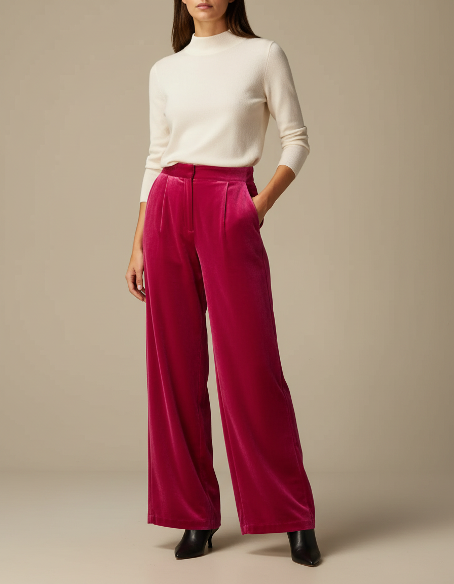 Pantalon Velours Fuschia Ample Fluide Élégant Femme - Rose