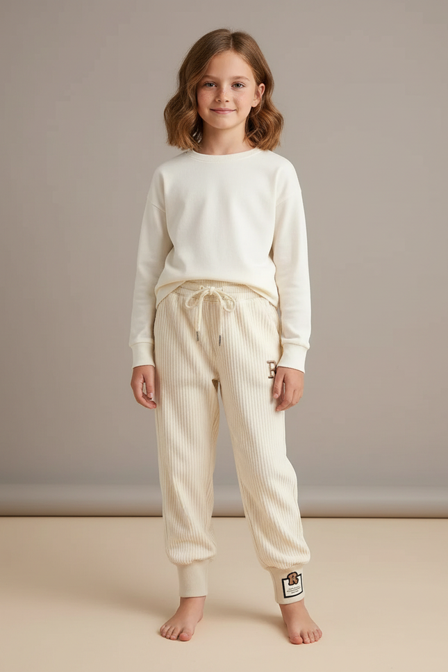Pantalon Velours Côtelé Crème Ample Confortable Enfant - Beige Cordé