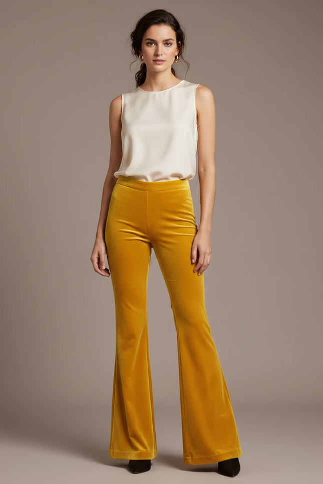 Pantalon Velours Jaune Évasé Taille Haute Élégant
