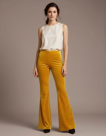 Pantalon Velours Jaune Évasé Taille Haute Élégant
