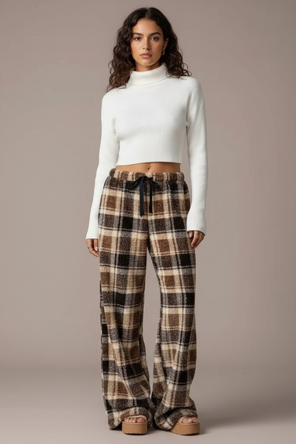 Pantalon Velours Carreaux Marron Ample Doux Femme - Molleton