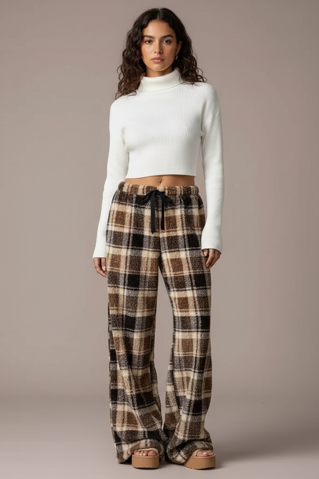 Pantalon Velours Carreaux Marron Ample Doux Femme - Molleton