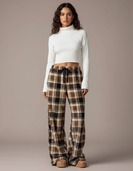 Pantalon Velours Carreaux Marron Ample Doux Femme - Molleton