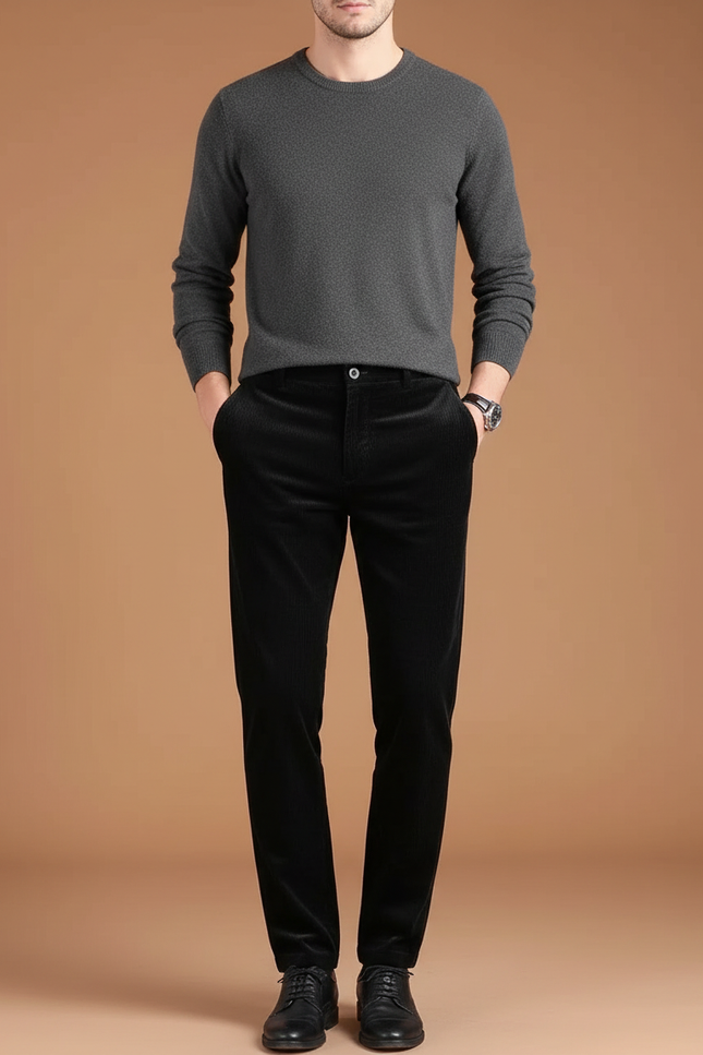 Pantalon Velours Noir Côtelé Droit Chaud Homme - Cordé