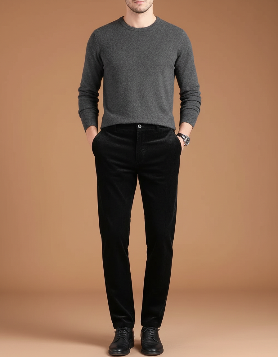 Pantalon Velours Noir Côtelé Droit Chaud Homme - Cordé
