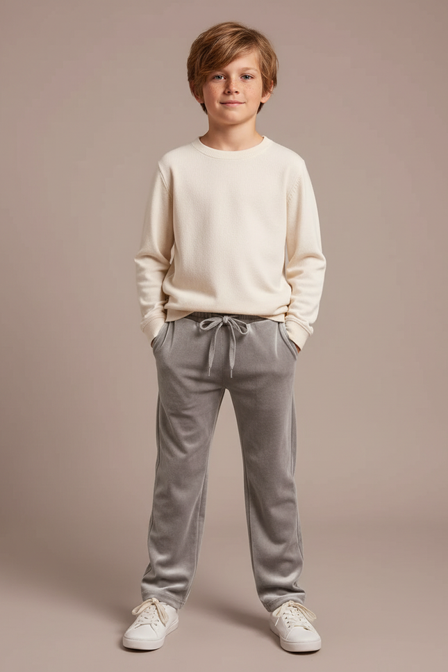Pantalon Velours Gris Enfant Doux Décontracté Cordon