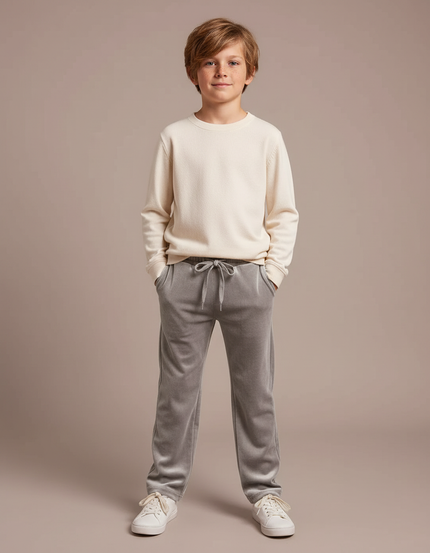 Pantalon Velours Gris Enfant Doux Décontracté Cordon