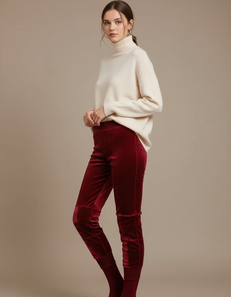 Pantalon Velours Bordeaux Jambes Fuselées Doux Hiver