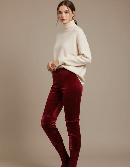 Pantalon Velours Bordeaux Jambes Fuselées Doux Hiver