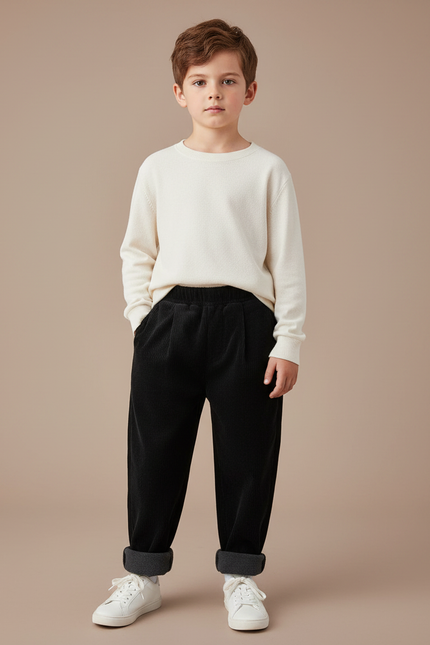 Pantalon Velours Noir Côtelé Ample Hiver Enfant - Cordé