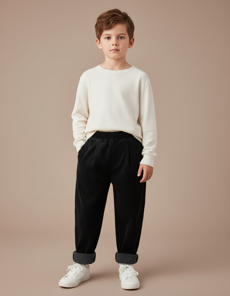 Pantalon Velours Noir Côtelé Ample Hiver Enfant - Cordé