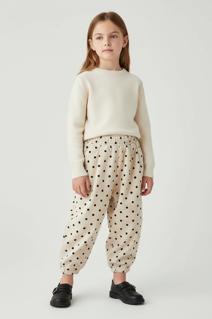 Pantalon Velours Beige Ample Pois Élastique Enfant