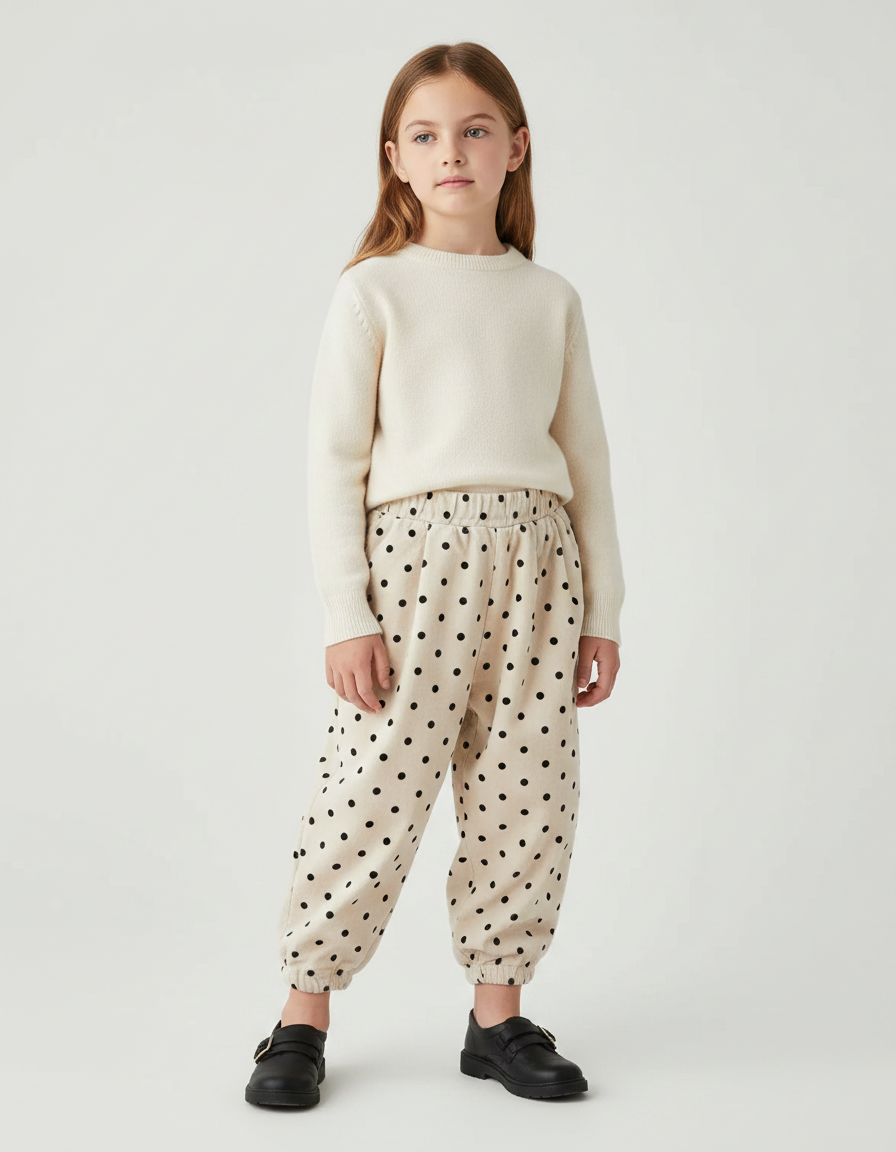 Pantalon Velours Beige Ample Pois Élastique Enfant