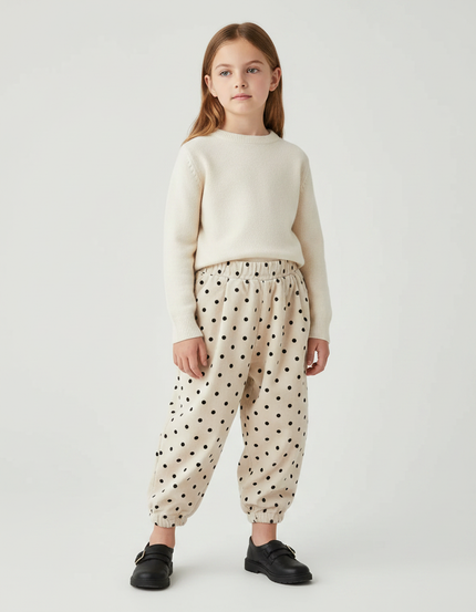 Pantalon Velours Beige Ample Pois Élastique Enfant