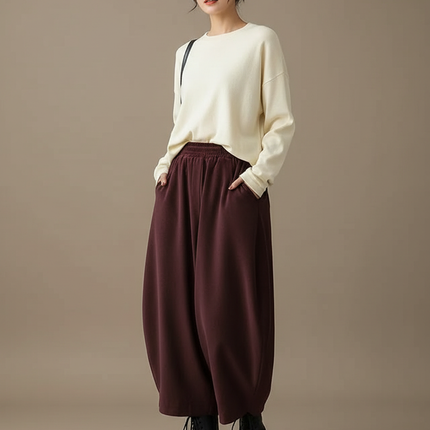Pantalon Velours Marron Ample Décontracté Harem Femme - Bordeaux