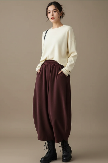 Pantalon Velours Marron Ample Décontracté Harem Femme - Bordeaux