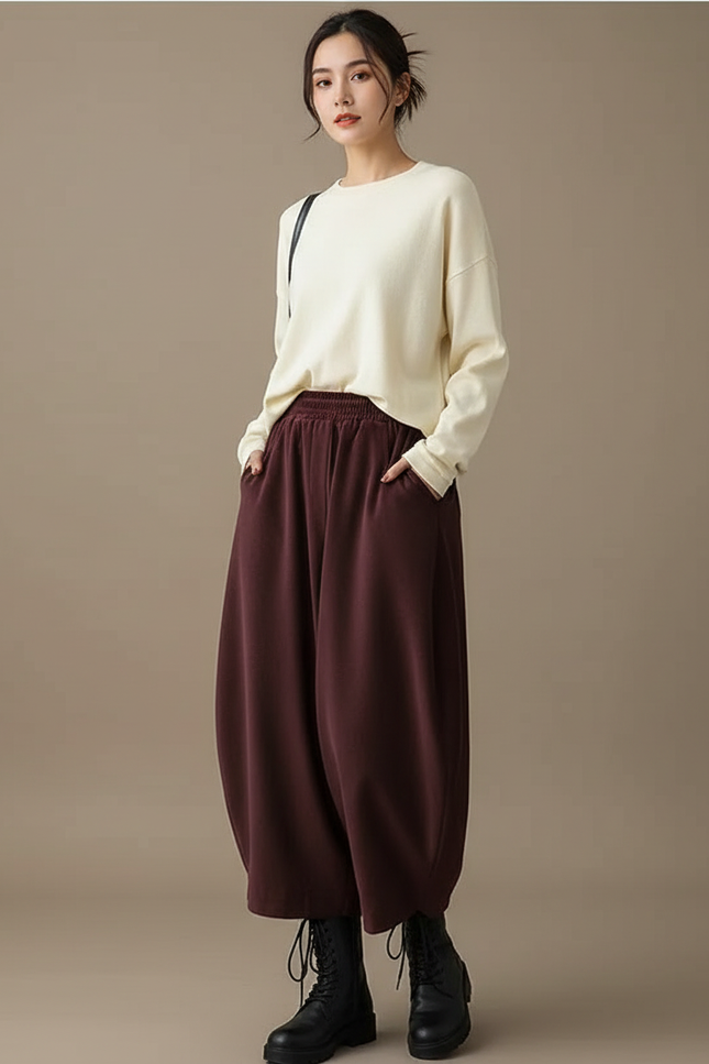 Pantalon Velours Marron Ample Décontracté Harem Femme - Bordeaux