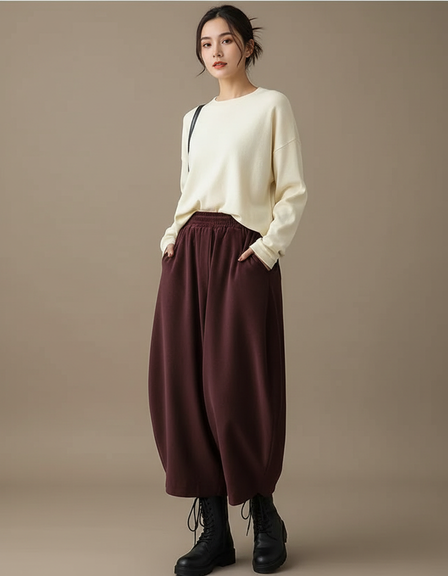 Pantalon Velours Marron Ample Décontracté Harem Femme - Bordeaux