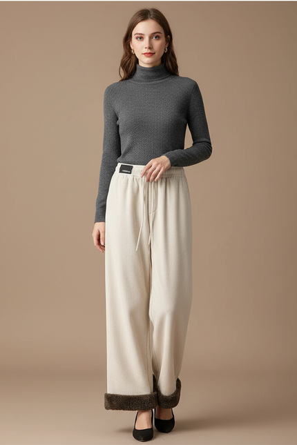 Pantalon Velours Beige Ample Doublé Chaud Hiver - Cordé