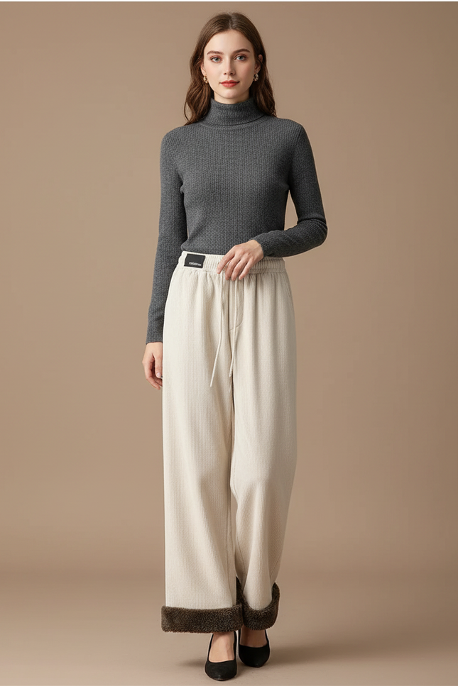 Pantalon Velours Beige Ample Doublé Chaud Hiver - Cordé