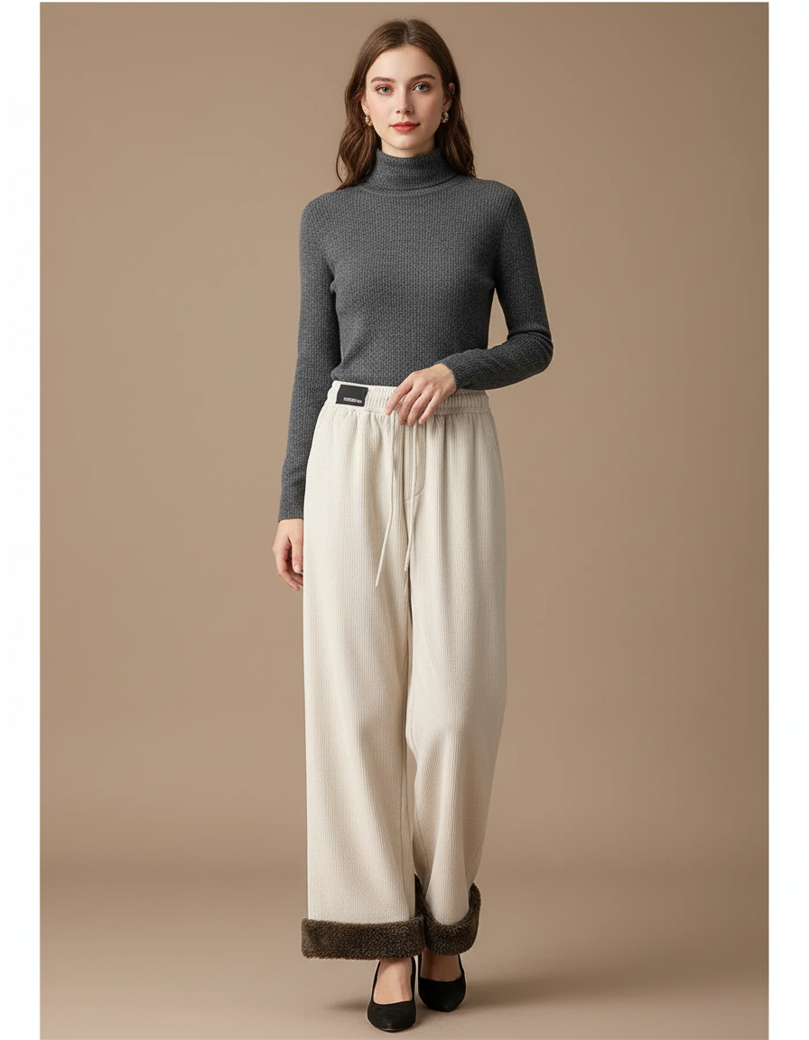 Pantalon Velours Beige Ample Doublé Chaud Hiver - Cordé