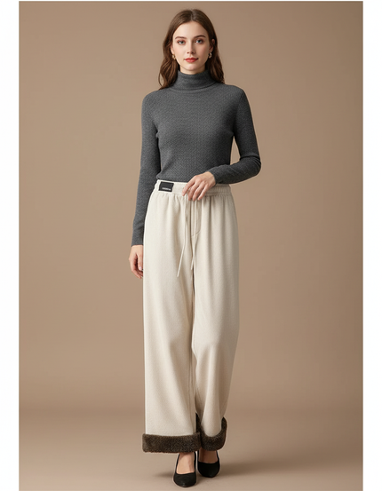Pantalon Velours Beige Ample Doublé Chaud Hiver - Cordé