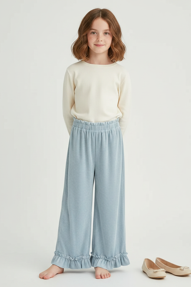 Pantalon Velours Bleu Ciel Côtelé Ample Volants Fille - Cordé