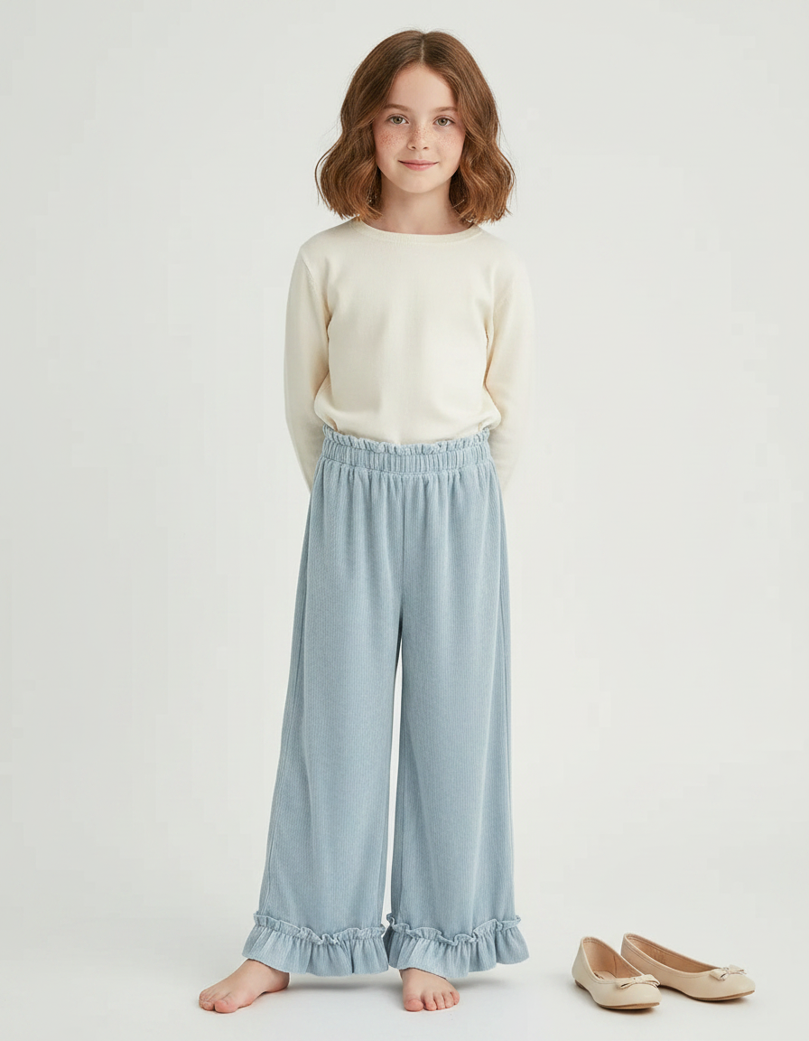 Pantalon Velours Bleu Ciel Côtelé Ample Volants Fille - Cordé