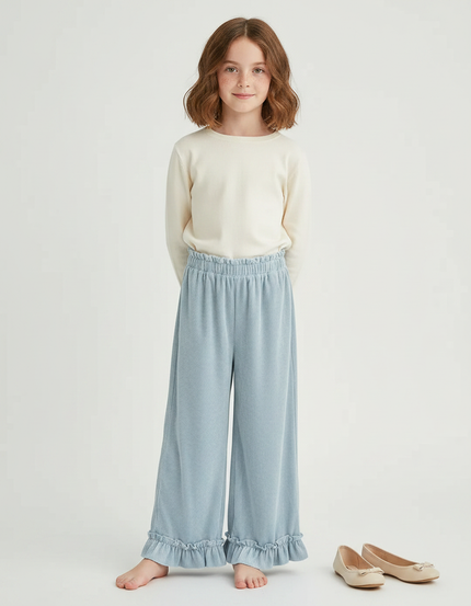 Pantalon Velours Bleu Ciel Côtelé Ample Volants Fille - Cordé