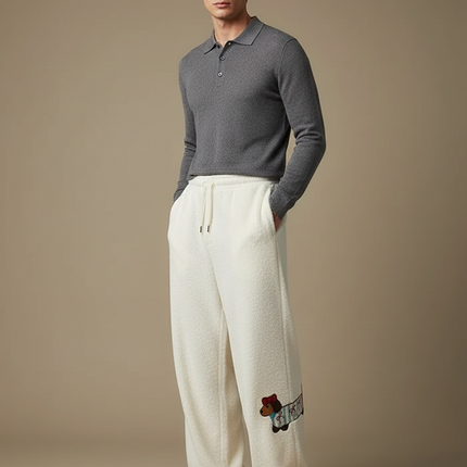 Pantalon Velours Crème Ample Motif Chien Décontracté - Beige