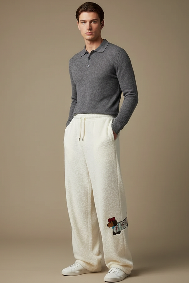 Pantalon Velours Crème Ample Motif Chien Décontracté - Beige