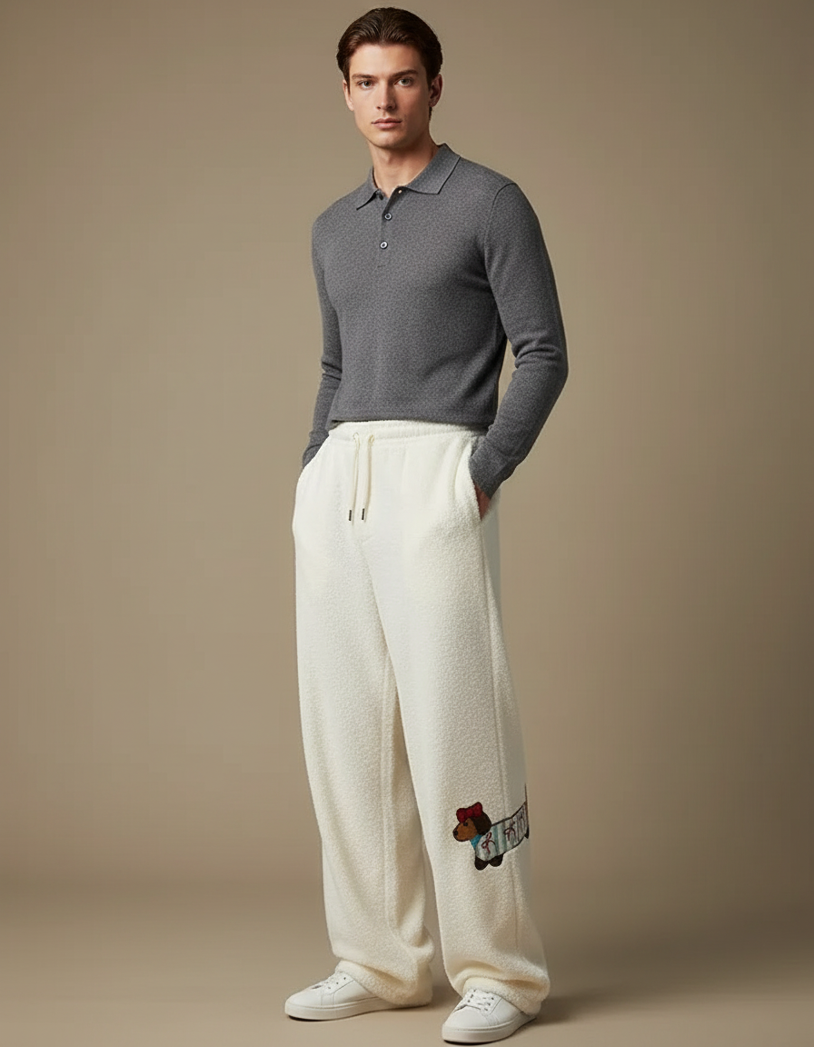 Pantalon Velours Crème Ample Motif Chien Décontracté - Beige