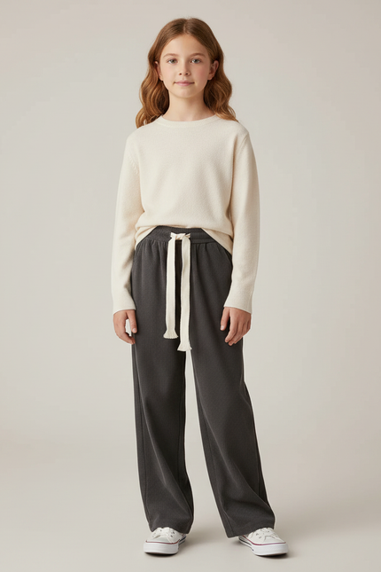 Pantalon Velours Gris Côtelé Ample Cordon Décontracté - Cordé